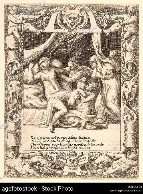 A woman in labor imploring the aid of Lucina set within a decorative cartouche, from the 'Loves, Rages and Jealousies of Juno'