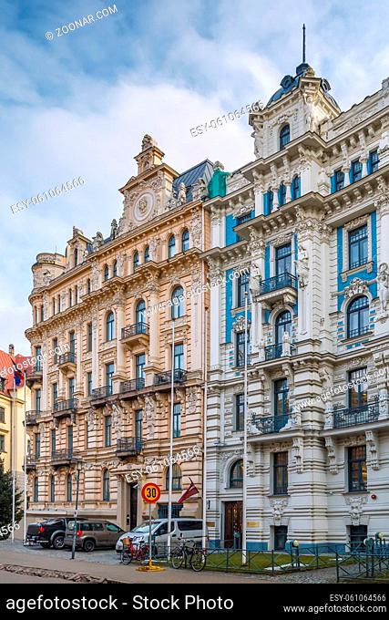 Facade of Buildings in Art Nouveau style, Riga, Latvia (Strelnieku street)
