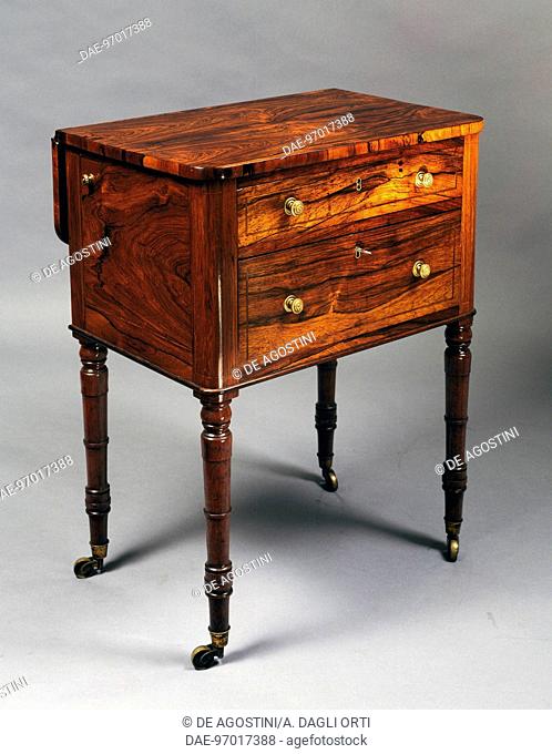 Regency style rosewood work table with inkwell which pulled out from the side, 1805-1810. United Kingdom, 19th century