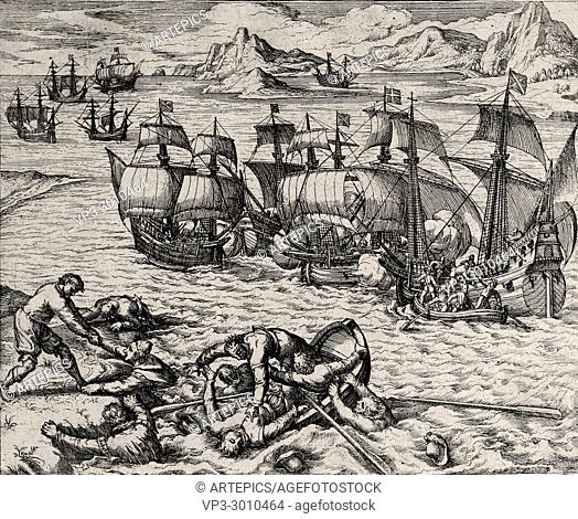 Theodor de Bry - French Ship Captures Three Spanish Vessels and Sacks the Spanish Held City of Havana (Hispaniola)