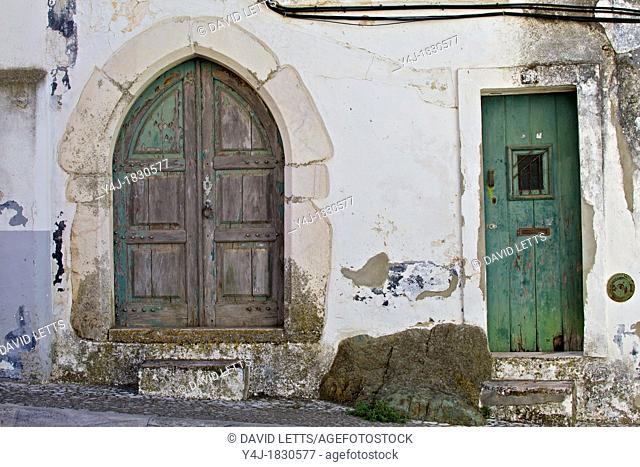Two Faded Green Wood Doors of the Medieval Town of Estremoz
