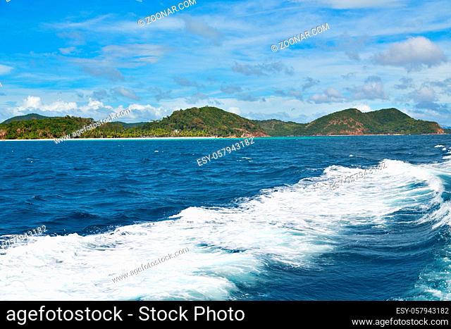 blur in philippines  a view from boat and the pacific ocean mountain background