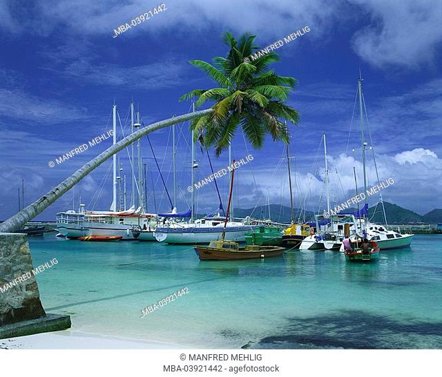 Seychelles, island, La Digue, harbor, boats, palm, lake, island state, island-group, coast, dock, landing place, sailboats, anchors, vacation, vacation-paradise
