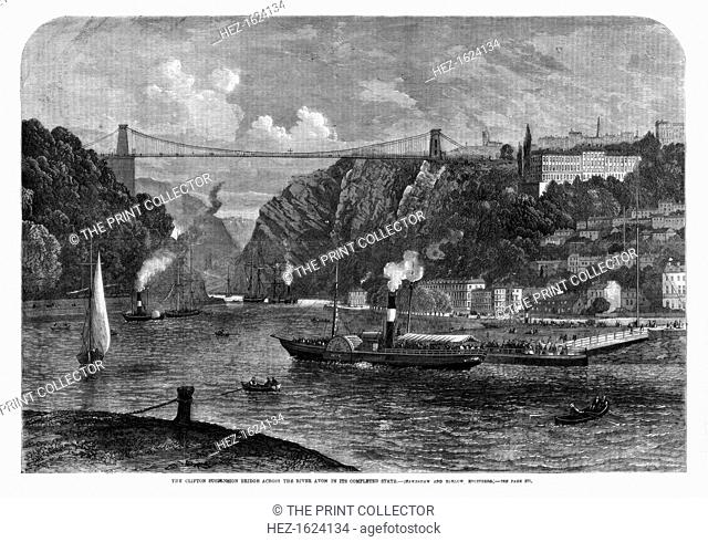 The Clifton suspension bridge across the River Avon, 1864. Spanning the River Avon 245 feet above the water, the Clifton Suspension Bridge was designed by...