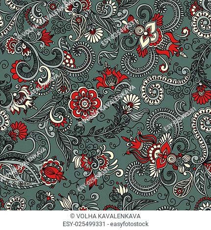 vector seamless gray and red pattern of spirals, swirls, doodles