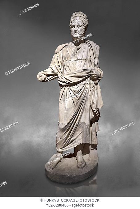 Roman statue of Emperor Priest. Marble. Perge. 2nd century AD. Inv no . Antalya Archaeology Museum; Turkey . Against a grey background