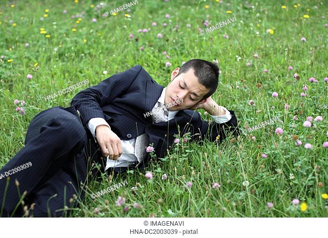 Businessman with Hand on Head Lying on Grass
