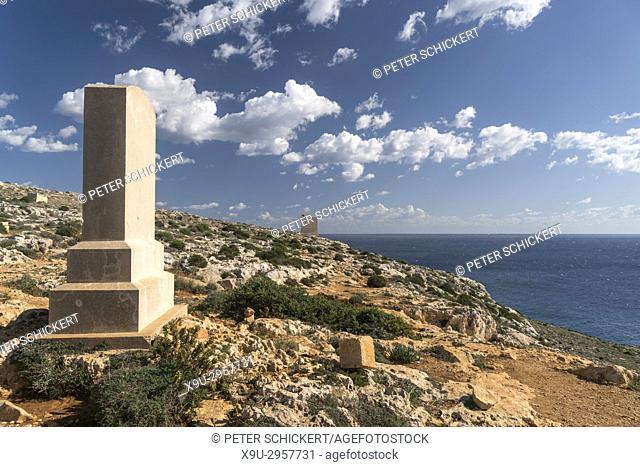 Congreve Memorial and the historic Hamrija Tower at the south west coast of Malta near Hagar Qim