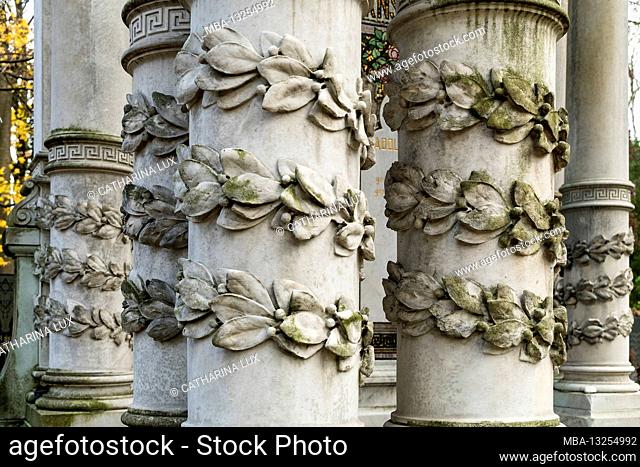 Berlin, Jewish cemetery Berlin Weissensee, neo-baroque baldachin tomb, ornate marble columns