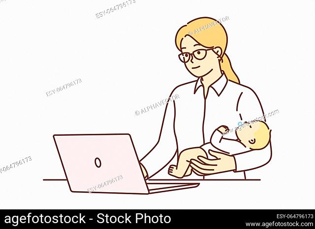 Businesswoman works with baby in arms using laptop to complete freelance orders online. Mom with baby, raising son without being distracted by work