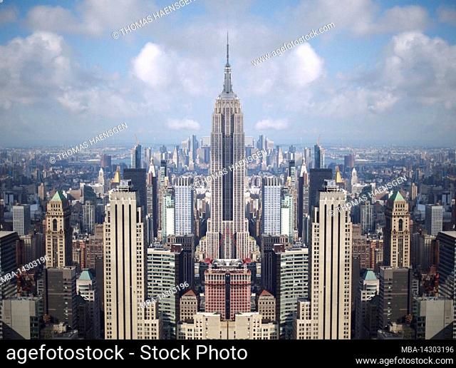 Midtown West, New York City, NY, USA, Drone shot / Aerial taken next to the Rockefeller Center with a panoramic view of Manhattan