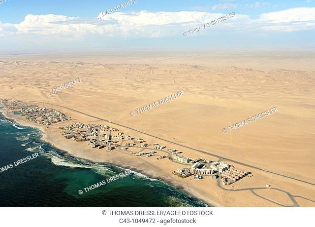 Namibia - Aerial view of holiday resorts along the road from Swakopmund to Walvis Bay between Namib Desert and Atlantic Ocean