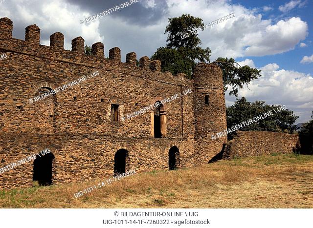 Medieval buildings of Fasil Ghebbi or Gemp at Gondar or Gonder, a city and separate woreda in Ethiopia. Located in the Semien Gondar Zone of the Amhara Region