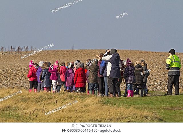 School group birdwatching on coast, Norfolk, England, November