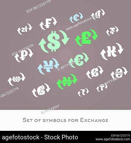 Isolated currency exchange signs vector set. International money symbols. Dollar, euro, pounds, yuan, ruble, zloty vector icons