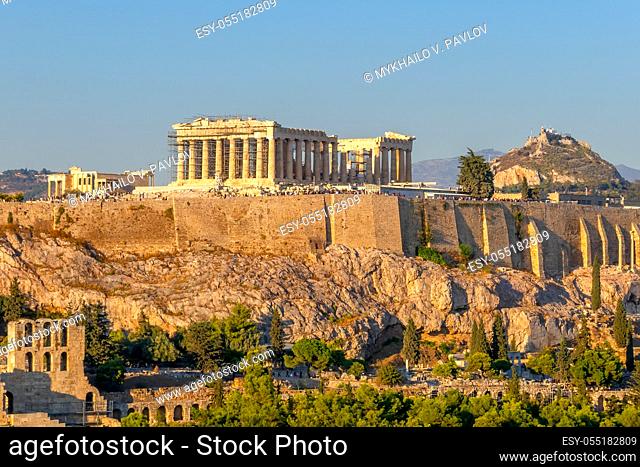 Greece. Athens. Sunny summer morning. View from the height at the Acropolis. Many tourists