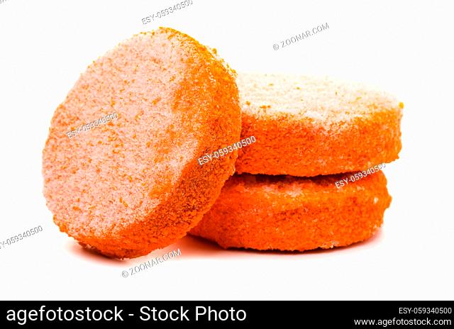 Four frozen chicken cutlets breaded in bread isolated on white background