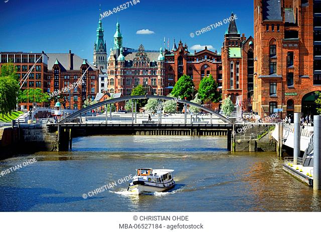 View from the Magdeburg harbour in the HafenCity on the Speicherstadt in Hamburg, Germany, Europe