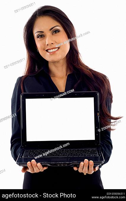 Asian American businesswoman with a laptop isolated over white background