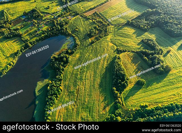 Lyepyel District, Vitebsk Region, Belarus. Aerial View Of Residential Area With Houses In Countryside. Sunny Autumn Morning