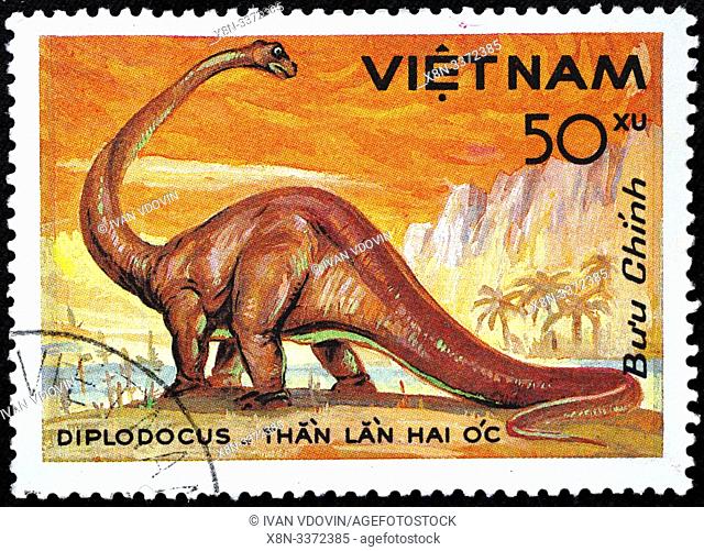 Diplodocus, prehistoric fauna, postage stamp, Vietnam, 1984