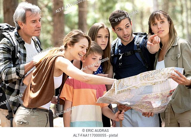 Family reading a map while standing in forest