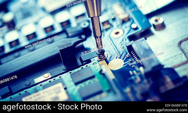 Computer chip on a circuit board, close up; Computer technology