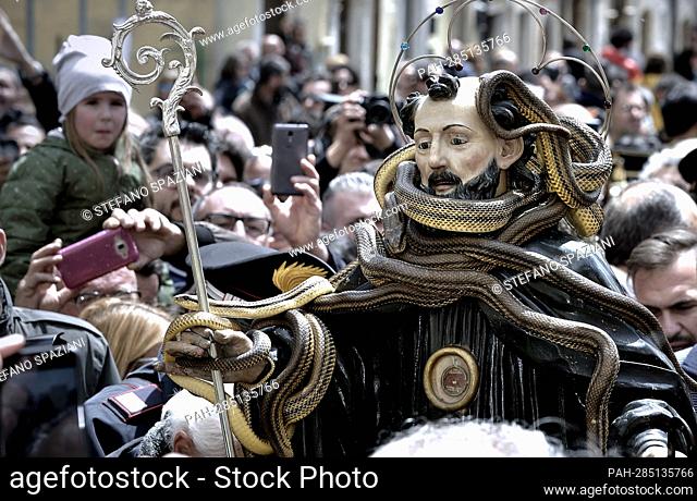 After two years of interruption due to the pandemic, the procession of snakes in Cocullo takes place on 1 May 2022.The Statue of Saint Domenico inside the...