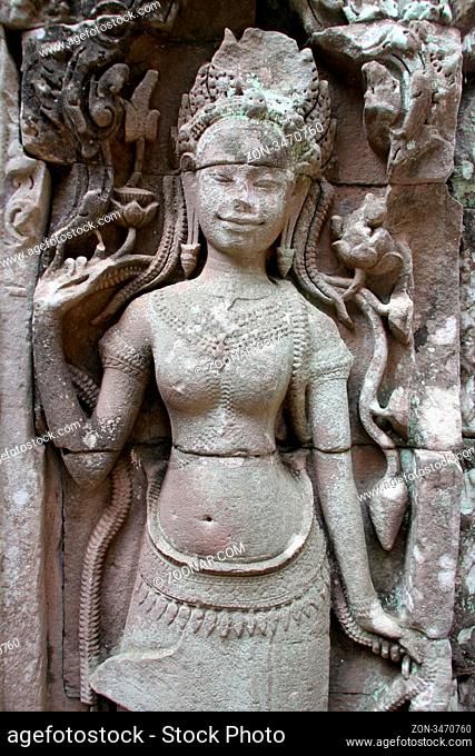 Stone apsara on the wall of temple Bayon, Angkor, Cambodia