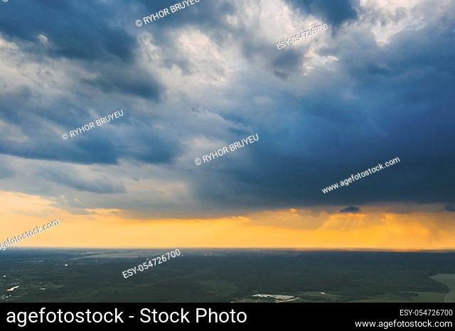 Aerial View. Sunset Sky Above Green Forest Landscape In Sunny Evening. Top View Of European Nature From High Attitude In Summer Sunrise