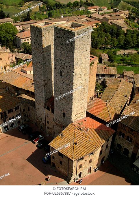 San Gimignano, Toscana, Tuscany, Italy, Europe, Aerial view of the rooftops and medieval town of San Gimignano from Torre Grossa