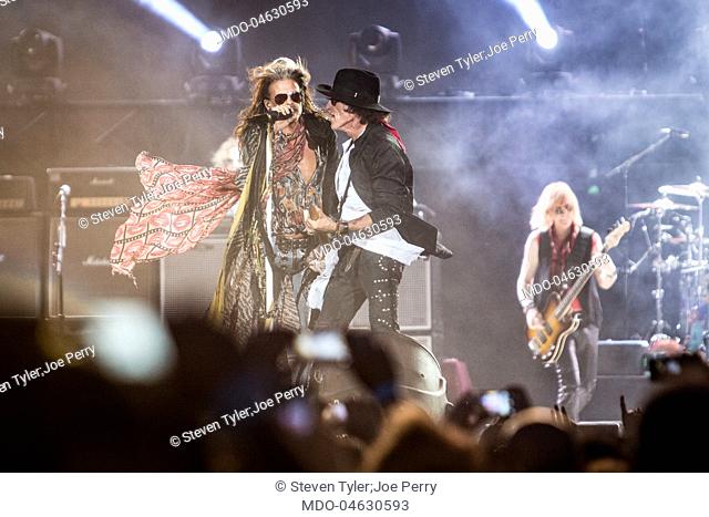 Singer Steven Tyler (Steven Victor Tallarico) and guitarist Joe Perry, members of the band Aerosmith, in concert at Firenze Rocks Festival