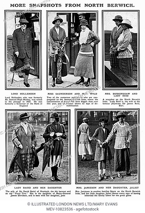 Aristocrats golfing at the North Berwick links course. Clockwise from top left: Lord Hollenden; Miss Saunderson and Mrs Wild; Mrs Burkinshaw and Lady Reid; Mrs...