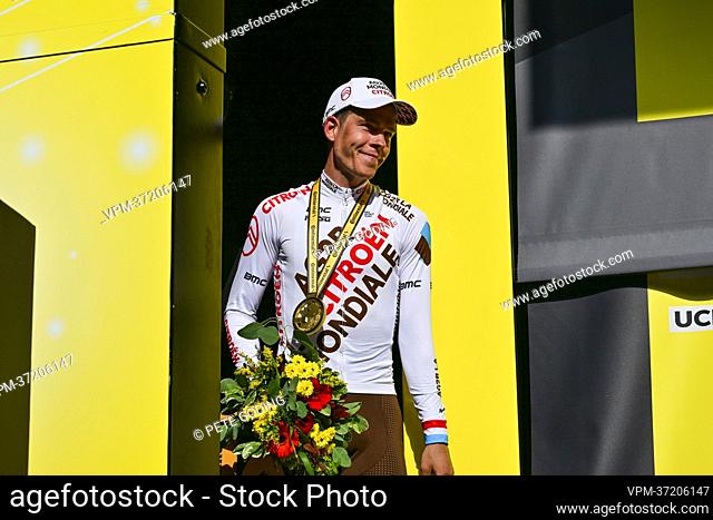 Luxembourgish Bob Jungels of AG2R Citroen celebrates on the podium after winning stage nine of the Tour de France cycling race