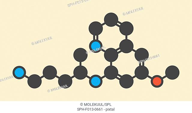 Primaquine malaria drug molecule. Stylized skeletal formula (chemical structure). Atoms are shown as color-coded circles: hydrogen (hidden), carbon (grey)