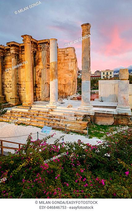 Remains of Hadrian's Library in the old town of Athens, Greece.
