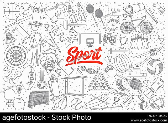 Hand drawn set of sport doodles with red lettering in vector