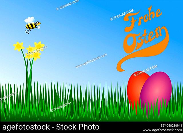 Yellow flowers in the grass with bees, Happy Easter and spring time illustration
