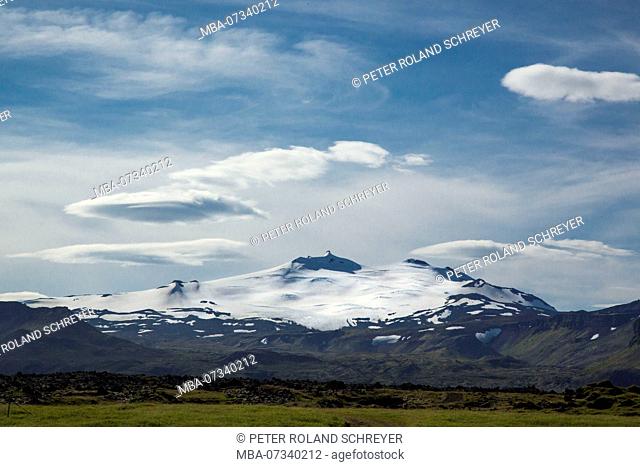 Iceland, Snaefellsjökull, volcano with foehn clouds, double summit, entrance to the center of the earth, Jules Verne