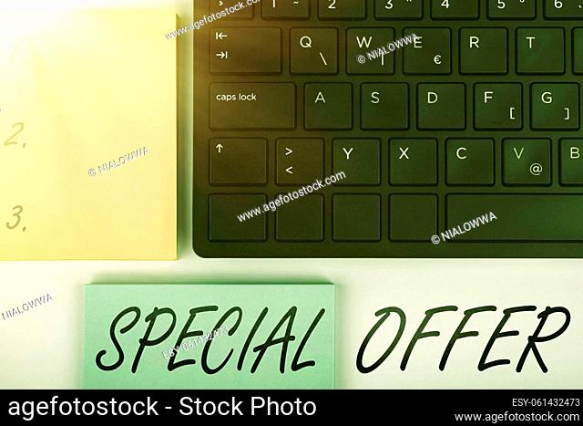 Writing displaying text Special Offer, Business showcase Selling at a lower or discounted price Bargain with Freebies Computer Keyboard And Symbol