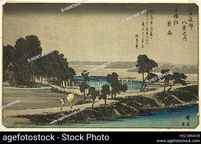 Evening Rain at Azuma Shrine (Azuma no mori yau), from the series Eight Views.., c. 1837/38. Creator: Ando Hiroshige