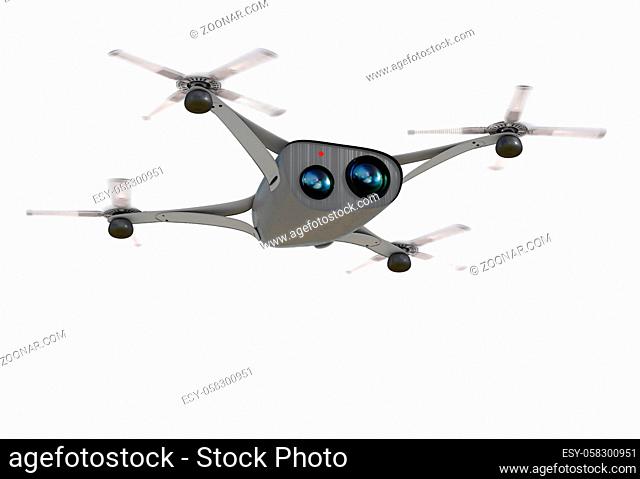 isolated modern camera drone in flight, front view of the futuristic black drone concept 3D render