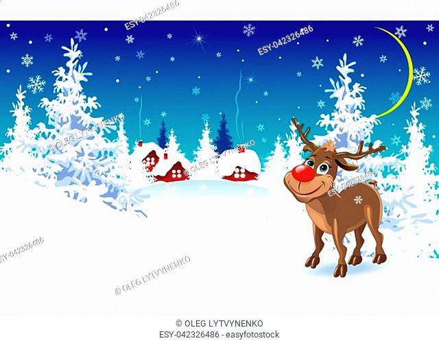 Cartoon deer on a winter background. Deer on the background of a winter forest and a snow-covered village