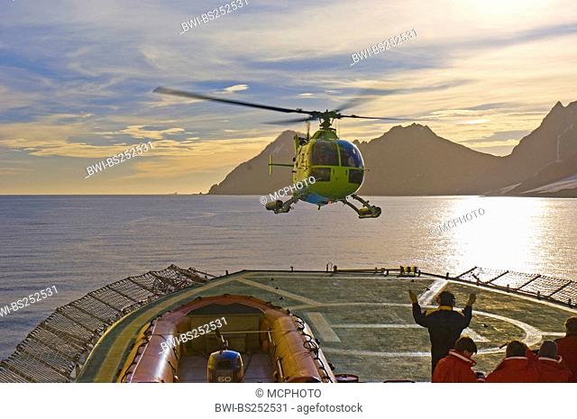 helicopter landing on ship, Antarctica, Livingston Island