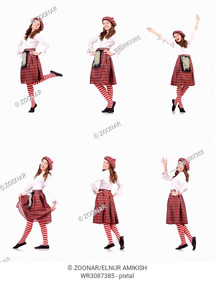 The pretty girl in plaid red clothing isolated on white