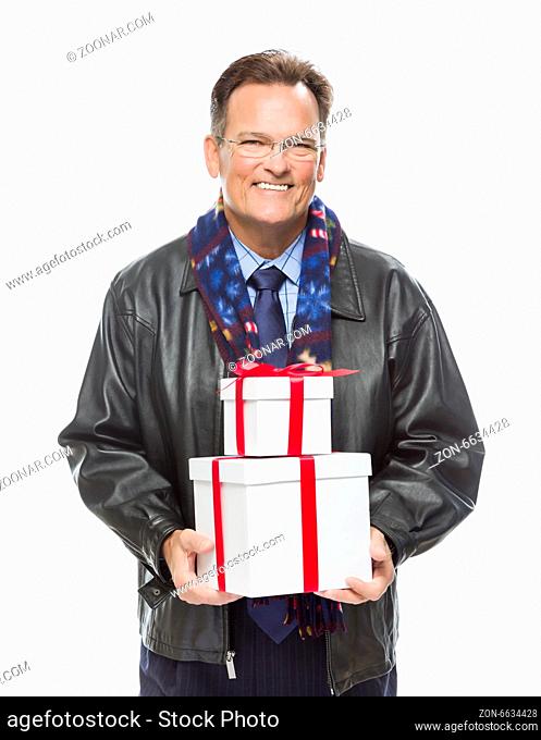 Handsome Man Wearing Black Leather Jacket and Holiday Scarf Holding Christmas Gifts Isolated on White Background