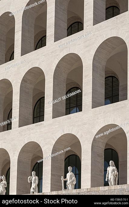 A view of Palazzo della Civilta Italiana in Rome, An example of Fascist Architecture. Viewed from below