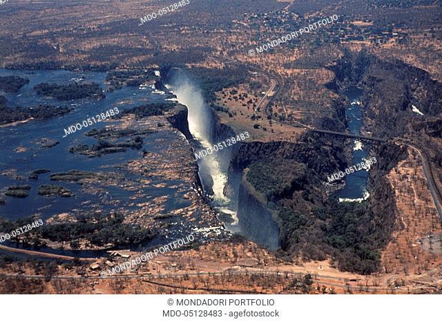 Panoramic view of the Victoria Falls in the middle of the Zambezi river. Zambia, 1964