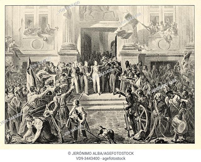 Louis Philippe d'Orléans proclaimed Lieutenant General of the Kingdom. History of France, old engraved illustration image from the book Histoire contemporaine...