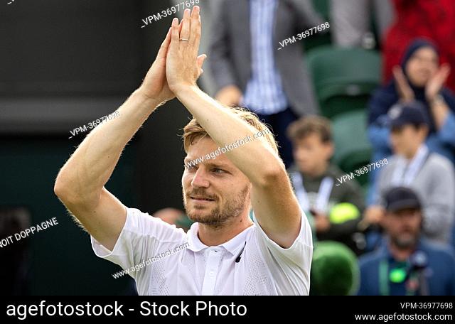 Belgian David Goffin celebrates after winning a tennis match between Belgian Goffin and US Tiafoe in the fourth round of the men's singles tournament at the...